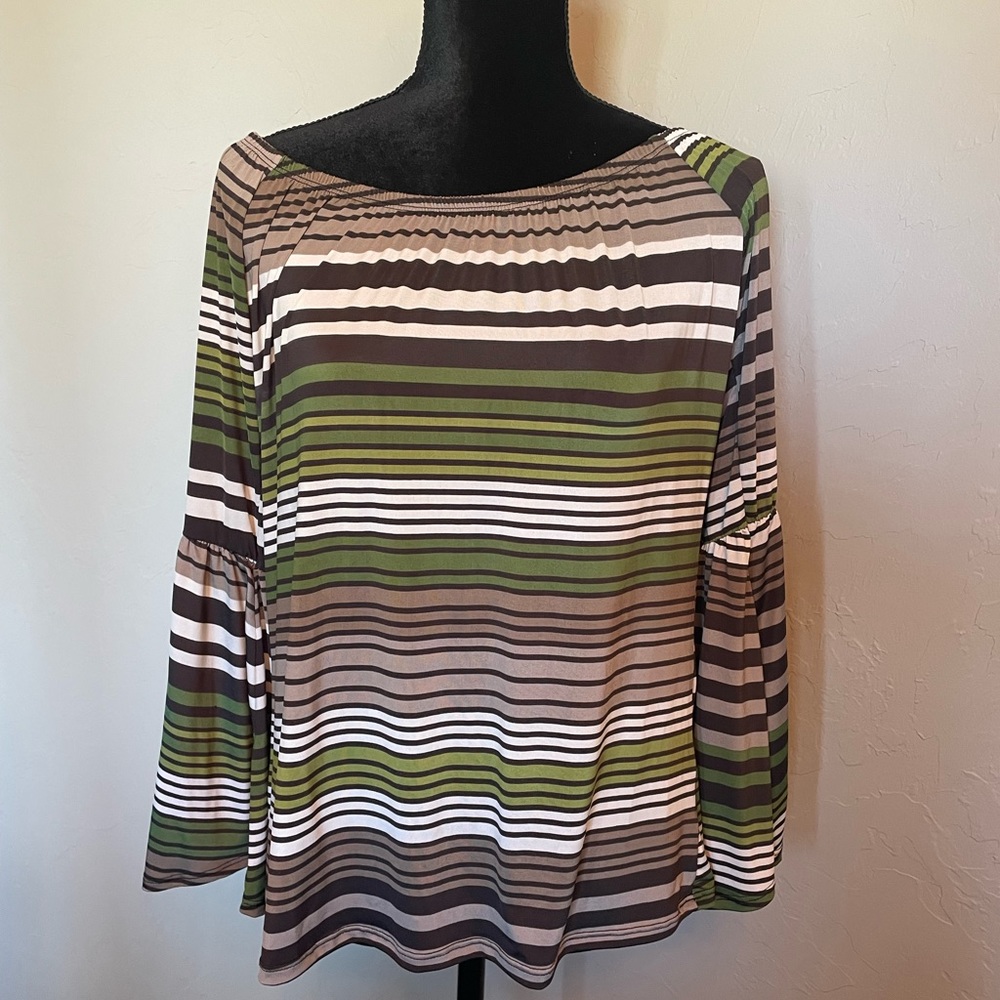 Brown green and cream bell sleeve blouse